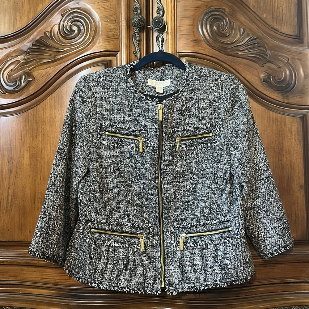 Michael Kors Black and White Tweed Women's Tweed Blazer with Gold Accents Jacket